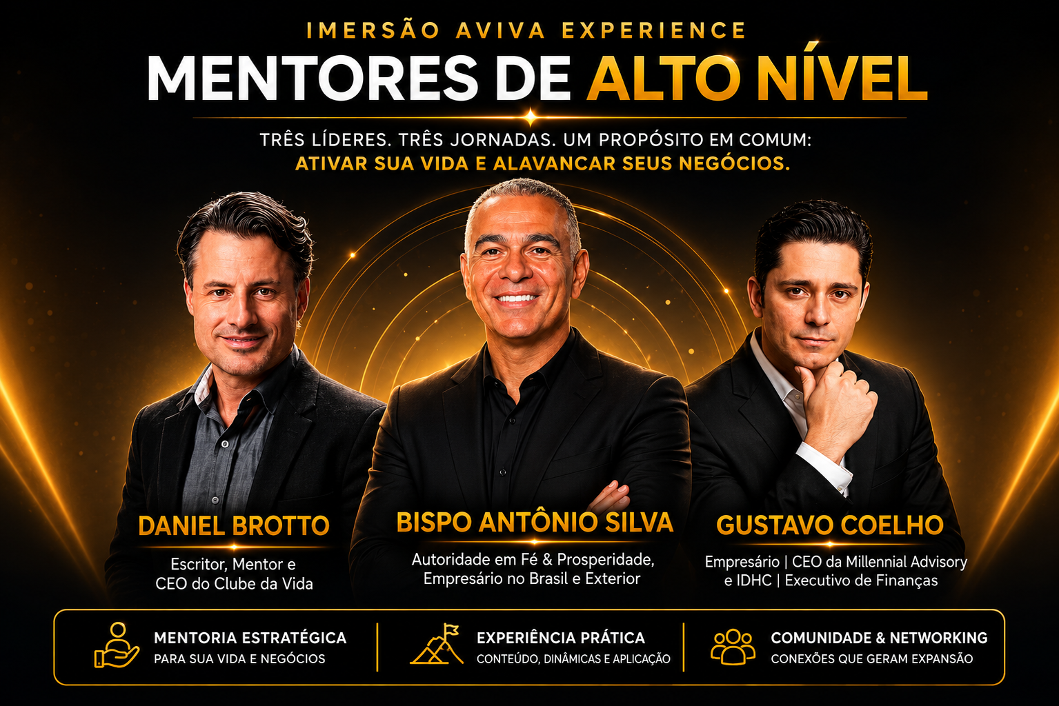 Mentores da Imersão Aviva Experience: Daniel Brotto, Bispo Antônio Silva e Gustavo Coelho